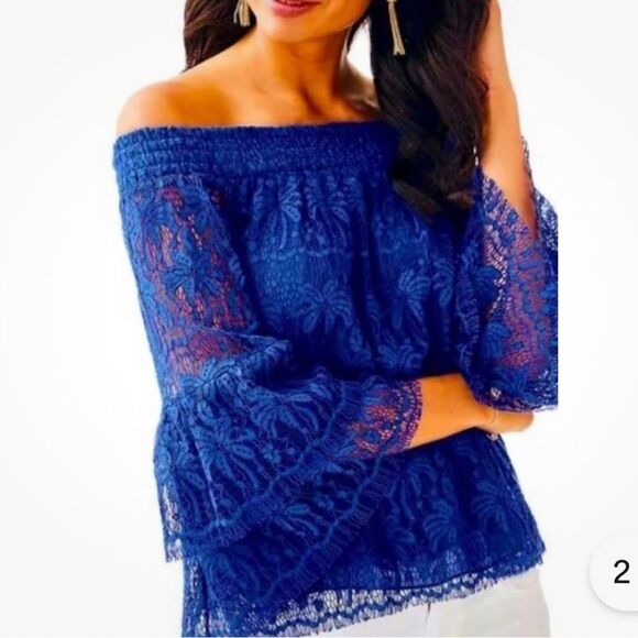 Lilly Pulitzer Women’s Sm Tobyn Top Ikat Cobalt Blue Palm Tree Lace Off Shoulder - Picture 2 of 14